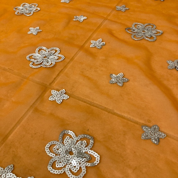 Orange Sheer Scarf With Sequins Embroidered Long - Picture 4 of 5